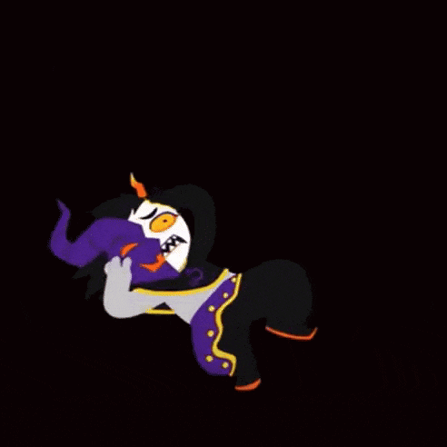 a cartoon character is laying on the ground with a purple horn on a red background .