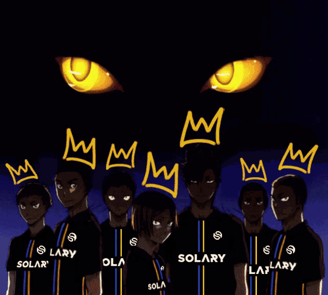 a group of people wearing black solary shirts with yellow crowns on their heads