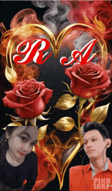 a man and a woman are in front of a heart with the initials r and a on it