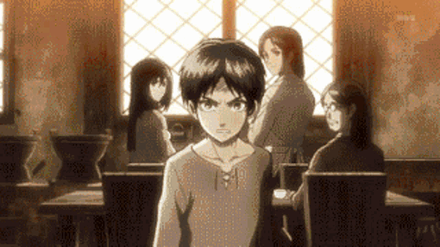 a group of anime characters are gathered in a room and one of them has the number 19 on his shirt