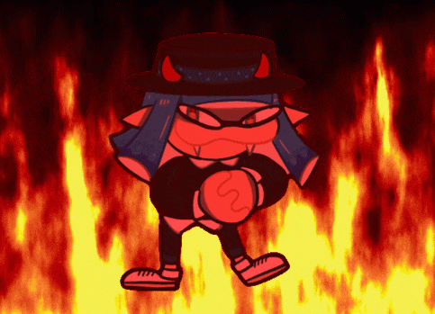 a cartoon character is standing in front of a fire