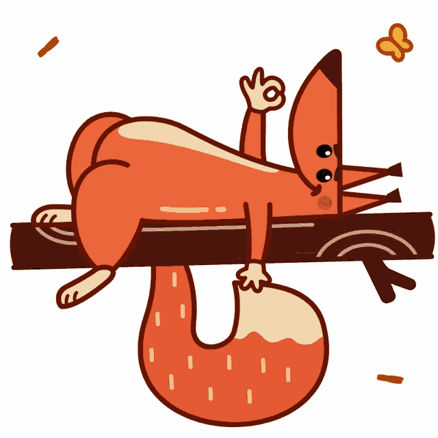 a cartoon fox is laying on a tree branch and giving the ok sign
