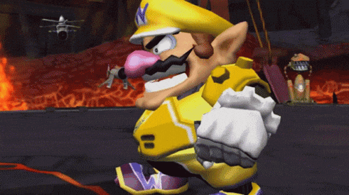 a cartoon character with a pink nose and a yellow hat with a letter w on it