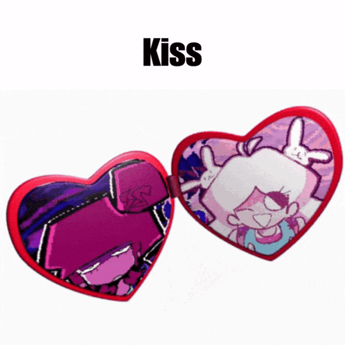a picture of two hearts with the word kiss on top