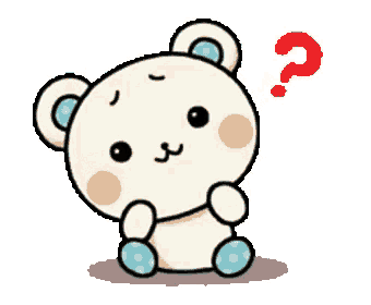 a white teddy bear is sitting down with a question mark above its head .