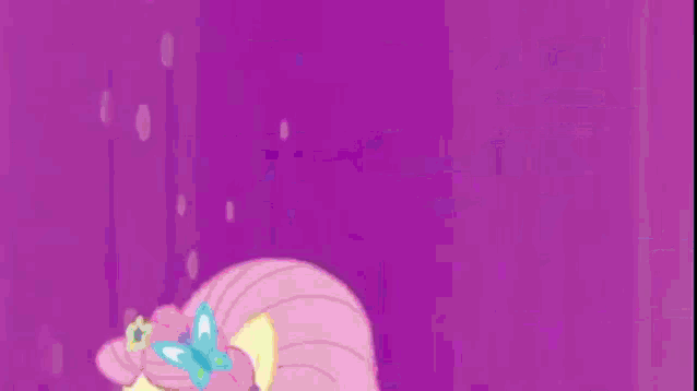 a cartoon drawing of a girl with wings and a flower in her hair on a purple background