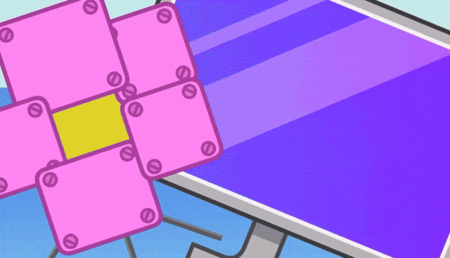 a cartoon drawing of a computer monitor with a purple background and pink squares with screws on them