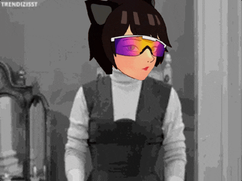 a cartoon girl wearing sunglasses and a cat ear is standing in front of a mirror