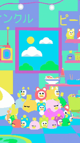 a bunch of cartoon characters are sitting in a room with a sign that says ' seoul ' on it