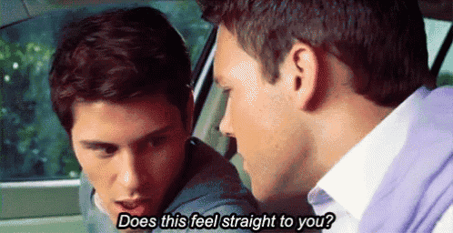two men are sitting in a car and one of them is asking the other does this feel straight to you .