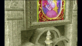 a picture of a woman in a pink dress is on a stone wall