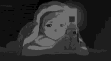 a black and white drawing of a girl laying down with a cell phone in her hand .