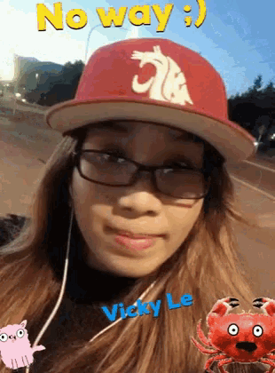 a woman wearing glasses and a red hat with the words no way written on it