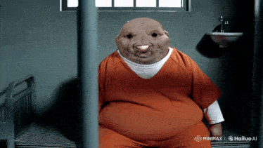 a fat man in an orange prison uniform is behind bars with a logo that says hailuo ai