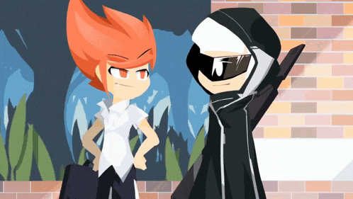 two cartoon characters standing next to each other with one wearing a hood