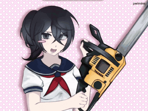 a drawing of a girl holding a chainsaw with pwimiimi in the corner
