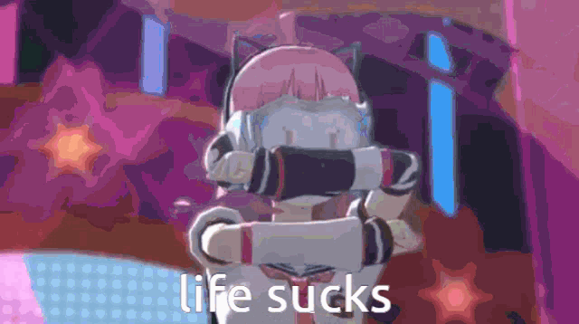 a picture of a girl with the words life sucks