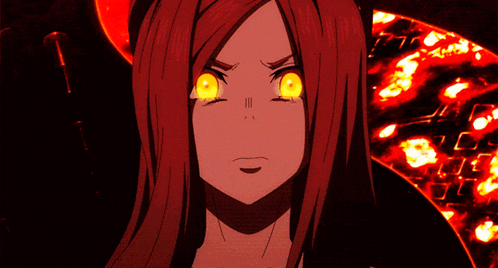 a woman with red hair and yellow eyes looks shocked