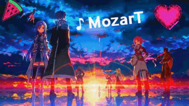 a group of anime characters are standing in front of a sunset and the word mozart is visible