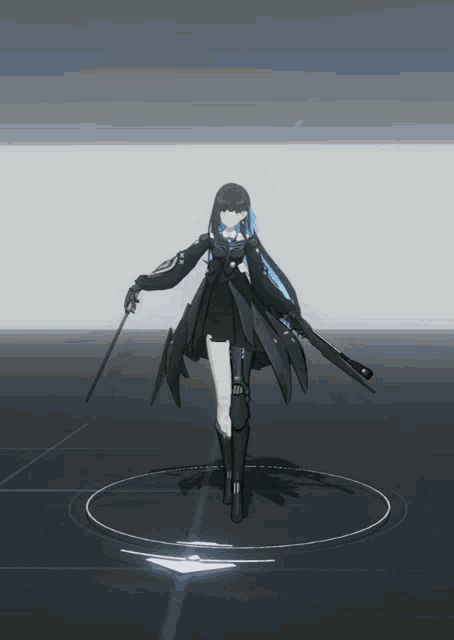 a girl with a sword is standing in a dark room