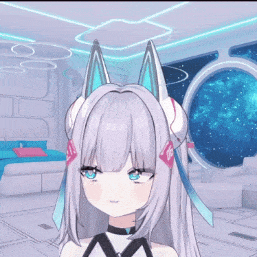 a girl with white hair and blue eyes is wearing headphones with the number 06 on them