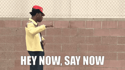 a man wearing a red hat and a yellow jacket stands in front of a brick wall and says hey now say now