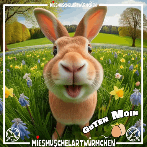 a picture of a rabbit in a field with the words guten moin on it