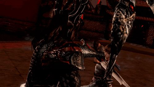 a demon holding a sword in front of a castle