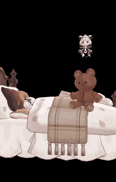 a teddy bear is sitting on a bed next to a skeleton doll