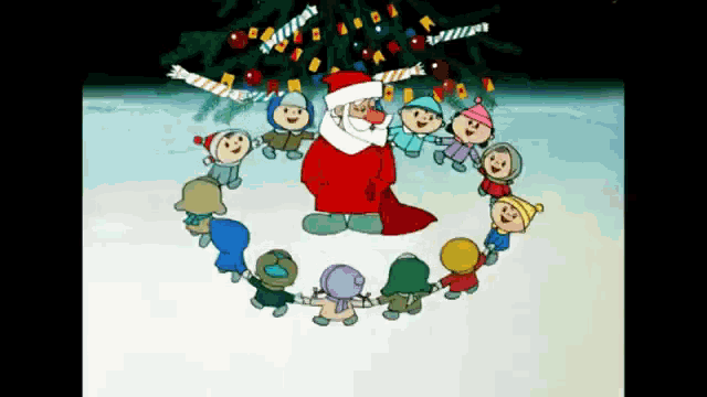 a cartoon of santa claus surrounded by children in front of a christmas tree