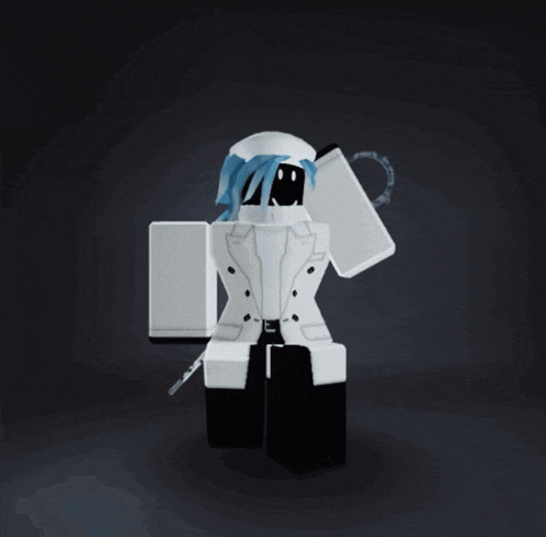 a cartoon character with blue hair and a sword