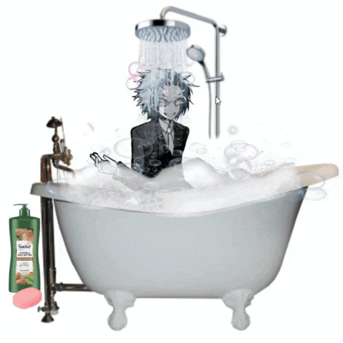a person is taking a shower in a bathtub next to a bottle of saniti shampoo
