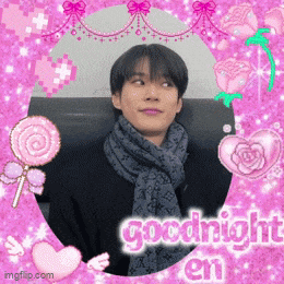 a man in a scarf is surrounded by pink hearts and says goodnight en