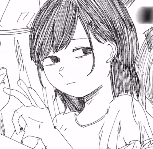 a black and white drawing of a girl with a black square in her face