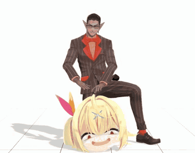 a man in a suit is kneeling down next to a girl with a blue star on her forehead
