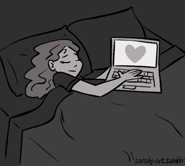 a black and white drawing of a woman laying in bed with a laptop with a heart on the screen