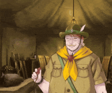 a man in a green hat and yellow scarf is holding a red object