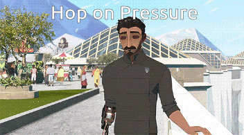 a man with a prosthetic arm is standing in front of a building that says hop on pressure