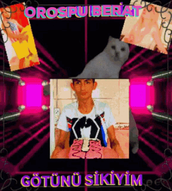 a picture of a man and a cat with the words " orospuiberiat " on the bottom