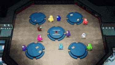 among us characters are gathered in a room with a sign that says " emergency "