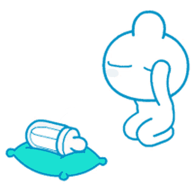 a cartoon character is sitting on a pillow next to a bottle