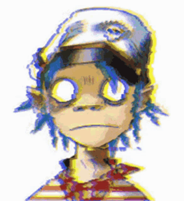 a cartoon character with blue hair is wearing a hat and goggles
