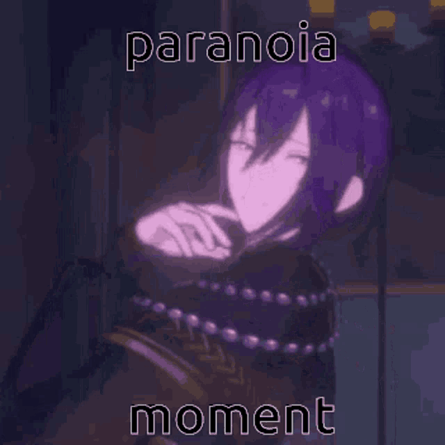 a purple anime character is pointing at the camera with the words paranoia moment written on the bottom
