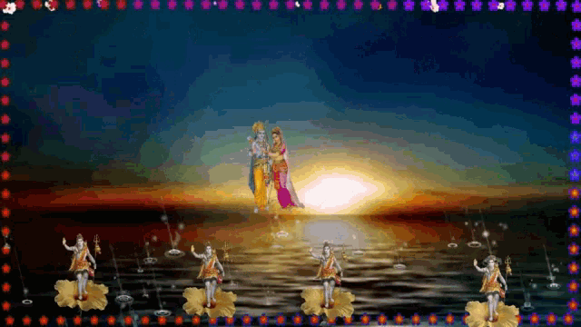 a painting of a man and a woman standing in the water at sunset