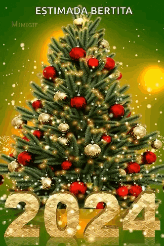 a christmas tree with red and gold ornaments and the year 2024