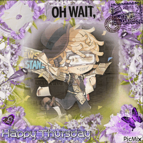 a picture of a person reading a newspaper with the words oh wait happy thursday