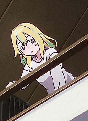 a girl with blonde hair and blue eyes is standing on a balcony looking down