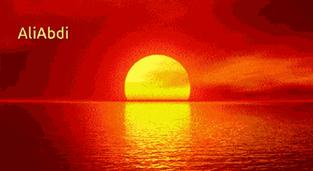 the sun is setting over the ocean and the name aliabdi is on the bottom