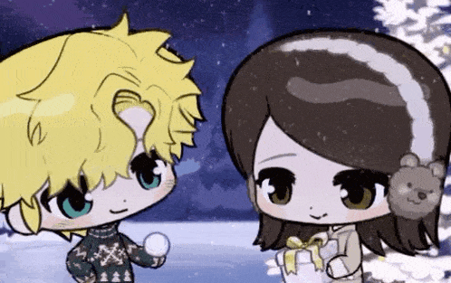 a boy and a girl are standing next to each other in the snow . the girl is holding a gift .
