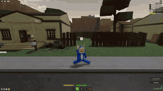 a screenshot of a video game shows a person in a blue outfit with a hamburger on their head